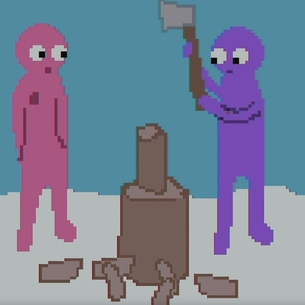 Tux and Fanny painting - chopping wood