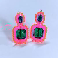 Image 3 of Emerald + Selenium Pink Gem Hook Earrings