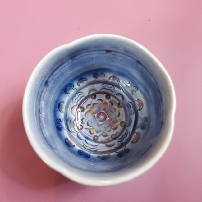 Wood fired Small Blue Mandala Bird Tea Bowl