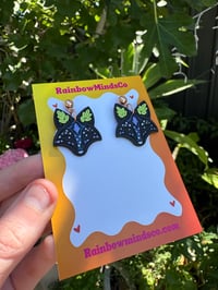 Image 2 of Starlight Fox Polymer Clay Earrings- Black Fox Dangles with Sparkly Blue Shimmer & Leaf Details