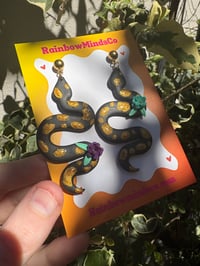 Image 2 of Gilded Garden Snake Polymer Clay Earrings- Black Snake Dangles with Gold Spots & Florals