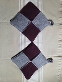 Image 1 of Wool Potholder Set - Grey & Burgundy 