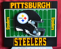 Image 1 of Pittsburgh Steelers Hand Crafted NFL 3D Wooden Team Helmet Wall Hanging Artwork.