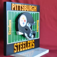Image 3 of Pittsburgh Steelers Hand Crafted NFL 3D Wooden Team Helmet Wall Hanging Artwork.