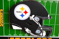 Image 9 of Pittsburgh Steelers Hand Crafted NFL 3D Wooden Team Helmet Wall Hanging Artwork.