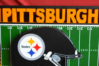 Image 11 of Pittsburgh Steelers Hand Crafted NFL 3D Wooden Team Helmet Wall Hanging Artwork.