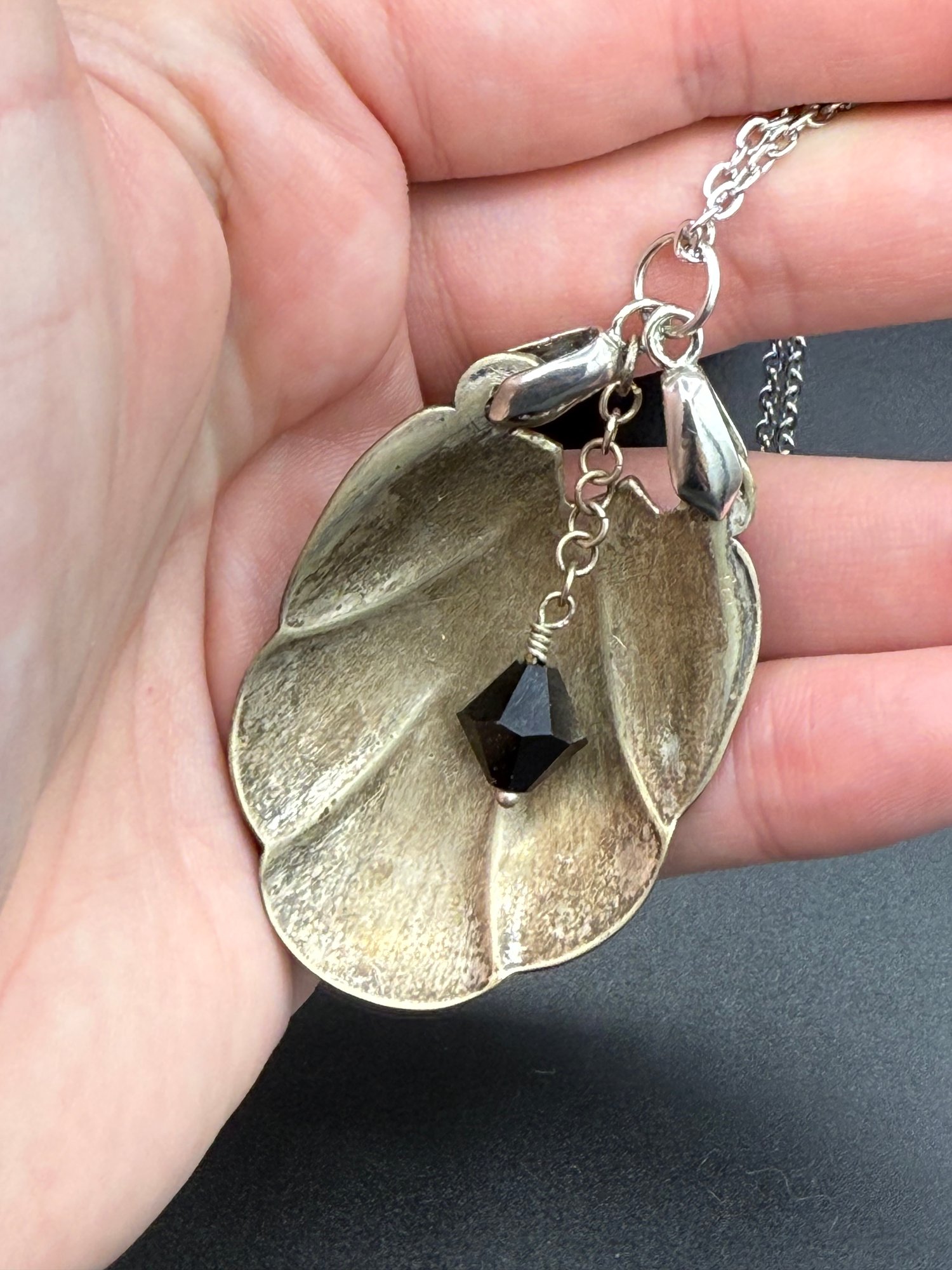 Antique Silver Spoon Pendant w/ Swarovski Crystal 