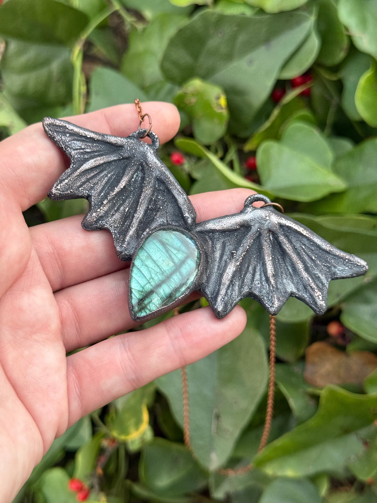 Copper Electroformed Labradorite Bat