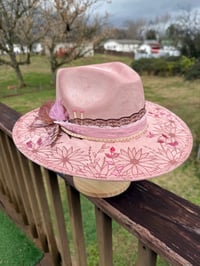 Image 1 of “Garden of Enchanted” Hand Burned Pink Fedora with Butterfly Dragonfly Leather