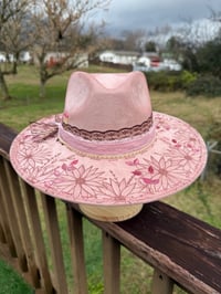 Image 2 of “Garden of Enchanted” Hand Burned Pink Fedora with Butterfly Dragonfly Leather