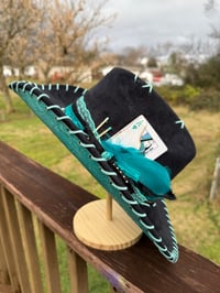 Image 1 of “Midnight Breeze” Burned Cowboy Hat, Whipstitched Suede Hat, Turquoise Leather Stitched Hat
