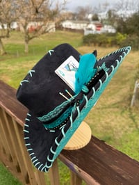 Image 2 of “Midnight Breeze” Burned Cowboy Hat, Whipstitched Suede Hat, Turquoise Leather Stitched Hat