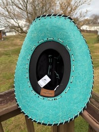 Image 4 of “Midnight Breeze” Burned Cowboy Hat, Whipstitched Suede Hat, Turquoise Leather Stitched Hat