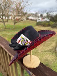 Image 1 of “Crimson and Clover” Burned Cowboy Hat, Whipstitched Suede Hat, Red Leather Stitched Hat