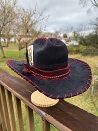 Image 2 of “Crimson and Clover” Burned Cowboy Hat, Whipstitched Suede Hat, Red Leather Stitched Hat