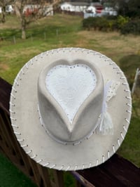 Image 2 of “Golden Kiss” Heart Shaped Bridal Cowboy Hat with Tooled Paisley Leather