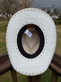 Image 4 of “Golden Kiss” Heart Shaped Bridal Cowboy Hat with Tooled Paisley Leather