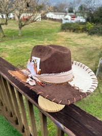 Image 2 of “Mosaic Ranch" Burned Cowhide Hat, Burned Stitched Cowboy Hat, Custom Cow Hat