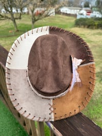 Image 3 of “Mosaic Ranch" Burned Cowhide Hat, Burned Stitched Cowboy Hat, Custom Cow Hat
