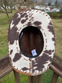 Image 4 of “Mosaic Ranch" Burned Cowhide Hat, Burned Stitched Cowboy Hat, Custom Cow Hat