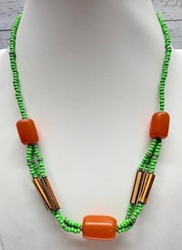 Image 1 of Vintage 1950s African Copal Orange Amber Green Glass Wood Bead Necklace