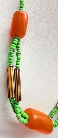 Image 2 of Vintage 1950s African Copal Orange Amber Green Glass Wood Bead Necklace