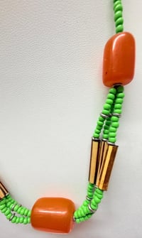 Image 3 of Vintage 1950s African Copal Orange Amber Green Glass Wood Bead Necklace
