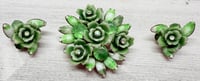 Image 1 of Vintage 1950s Celebrity Green Celluloid AB Rhinestone Brooch &amp; Earrings