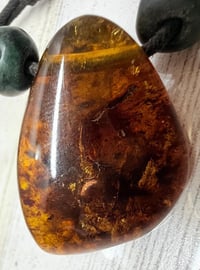 Image 4 of Vintage 1970s Mexican Am ber Inclusions Wood Bead Woven Adjustable Cord Necklace