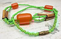Image 4 of Vintage 1950s African Copal Orange Amber Green Glass Wood Bead Necklace
