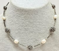 Image 1 of Vintage 1990s 925 Silver Rose &amp; Freshwater Pearl Necklace