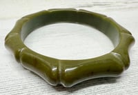 Image 2 of Vintage 1940s Olive Green Carved Bamboo Style Bakelite Bangle Bracelet