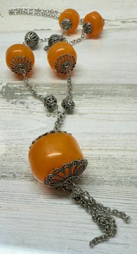 Image 2 of Vintage 1960s Light Turkish Orange Copal Amber &amp; Silver Tone Necklace