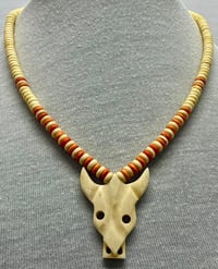 Image 1 of Vintage 1960s Carved &amp; Dyed Antler Cow Skull Necklace 9.5"