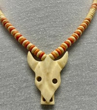 Image 2 of Vintage 1960s Carved &amp; Dyed Antler Cow Skull Necklace 9.5"