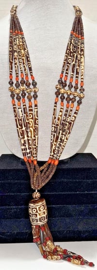 Image 1 of Antique 1850-1900 African Cow Batik Bone Beaded Ceremonial Necklace 28" Long