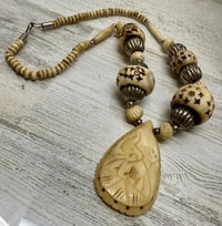 Image 3 of Vintage 1960s Hand Carved Bone Bead &amp; Pendant with Silver Tone Metal Accents