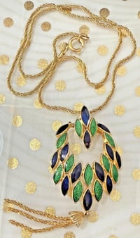 Image 1 of Vintage 1960s Hobe Gold Tone Necklace Green Blue Enamel Pendant Tassel