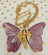 Image 1 of Vintage 1960s Gold Tone Purple Articulated Thermoset Lucite Butterfly Necklace