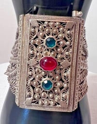 Image 1 of Antique Pre-1790s Bosnian Wedding Bracelet Handmade 925 Red Green Paste Stones