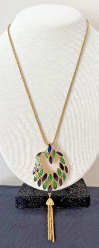 Image 2 of Vintage 1960s Hobe Gold Tone Necklace Green Blue Enamel Pendant Tassel