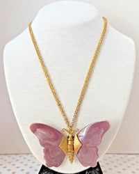 Image 2 of Vintage 1960s Gold Tone Purple Articulated Thermoset Lucite Butterfly Necklace