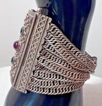 Image 3 of Antique Pre-1790s Bosnian Wedding Bracelet Handmade 925 Red Green Paste Stones