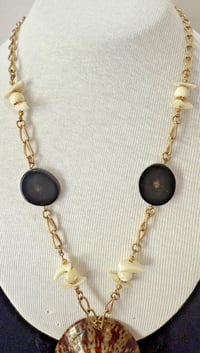 Image 3 of Vintage 1960s Hobe Gold Tone Shell Polished Wood Chain Necklace