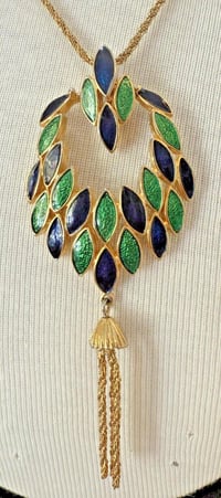 Image 3 of Vintage 1960s Hobe Gold Tone Necklace Green Blue Enamel Pendant Tassel