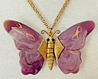 Image 3 of Vintage 1960s Gold Tone Purple Articulated Thermoset Lucite Butterfly Necklace
