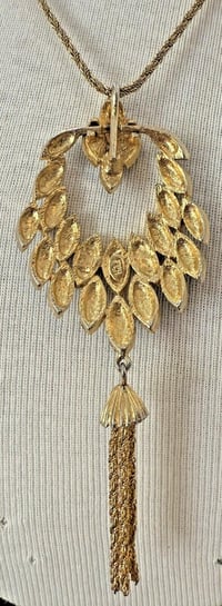 Image 4 of Vintage 1960s Hobe Gold Tone Necklace Green Blue Enamel Pendant Tassel
