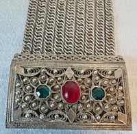 Image 5 of Antique Pre-1790s Bosnian Wedding Bracelet Handmade 925 Red Green Paste Stones