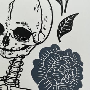 Fetal Skeleton And Peonies Linocut Print