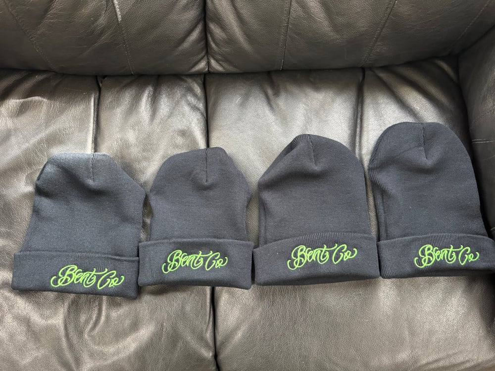 Bent co script beanie black with lime green